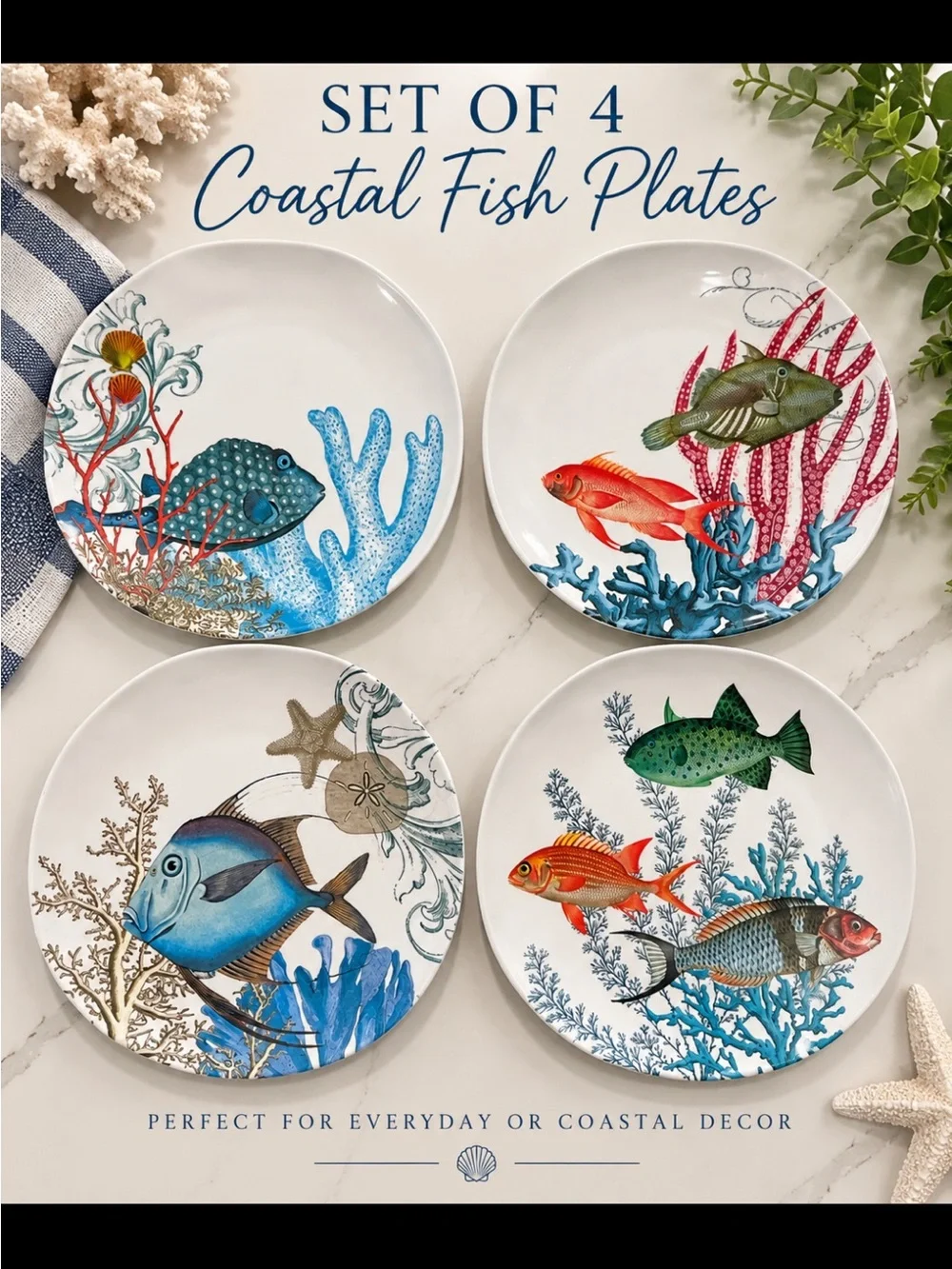 Michel design works melamine Coastal Fish Dinner Plates Set of 4 - Multicolor